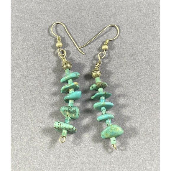 Vintage Sterling Silver Turquoise Nugget Earrings Hook Dangle Fine Pierced - Picture 3 of 6